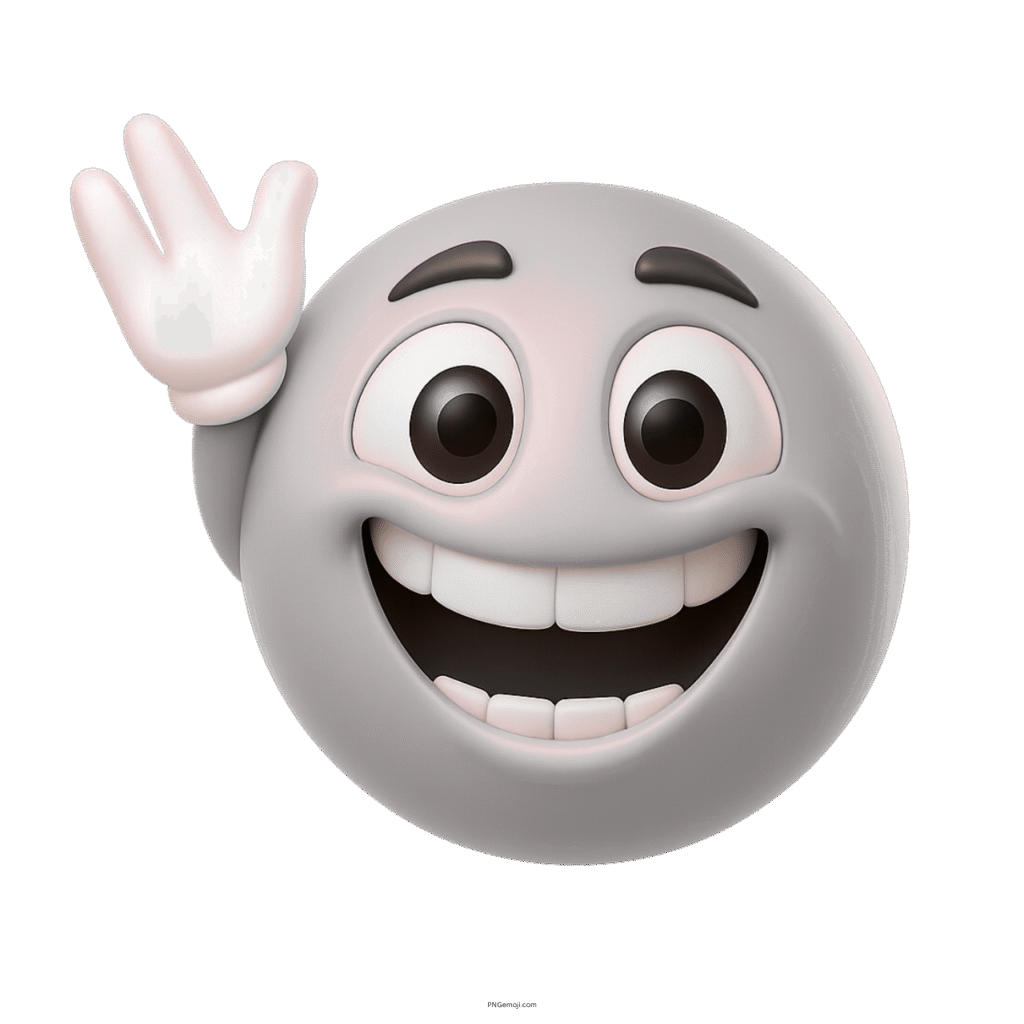 3D grey smiling emoji waving hello with cheerful eyes and friendly expression