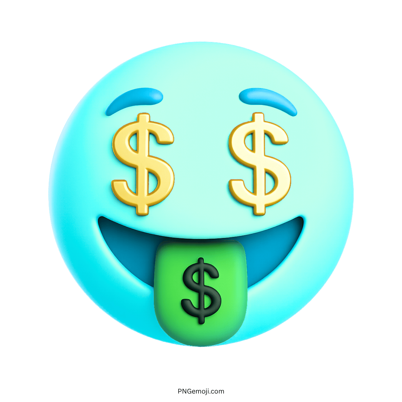3D light blue emoji with golden dollar eyes and green dollar sign tongue