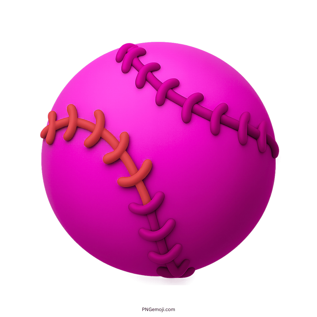 Magenta 3D softball emoji with orange and purple stitching on transparent background