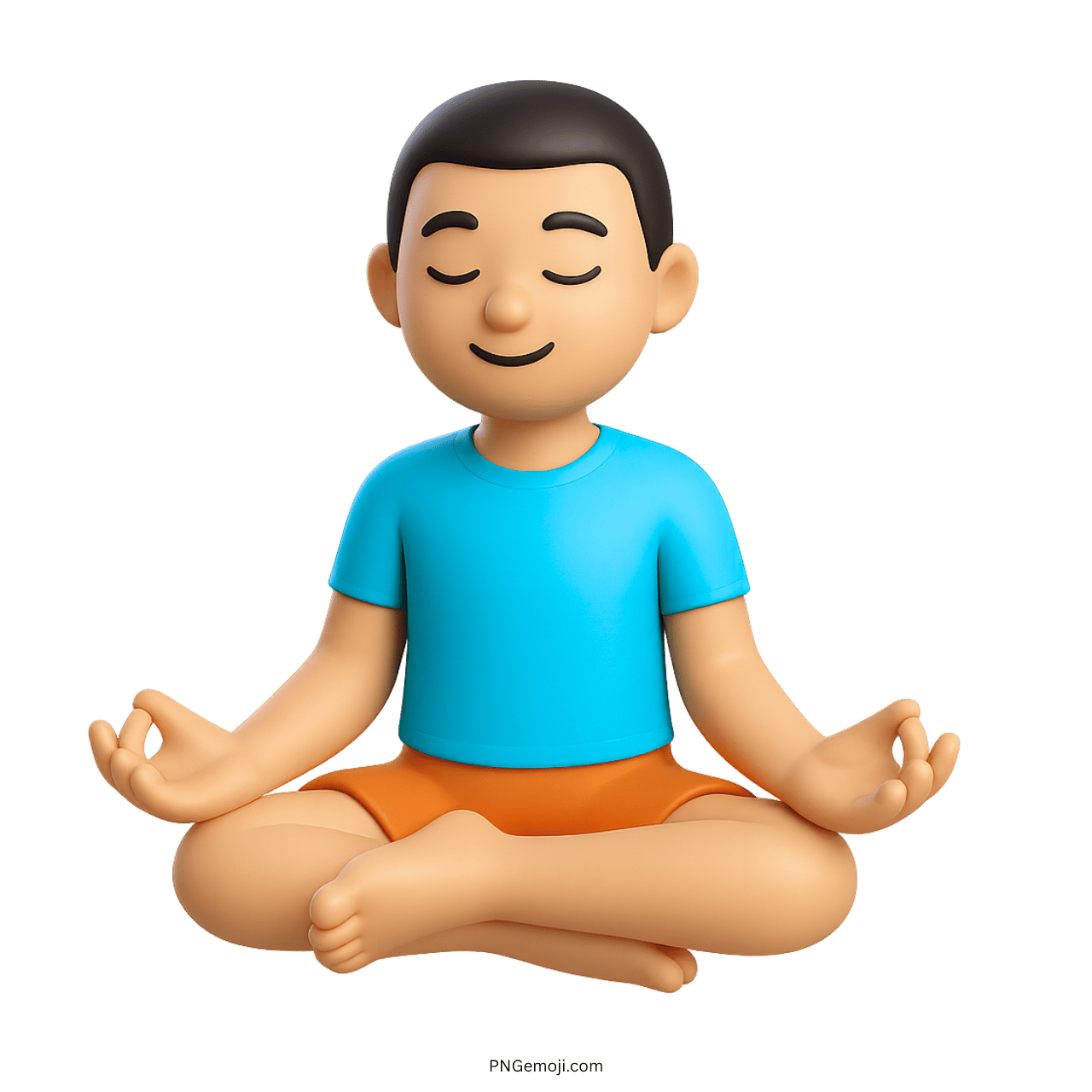 3D cartoon person meditating in lotus position wearing a blue shirt