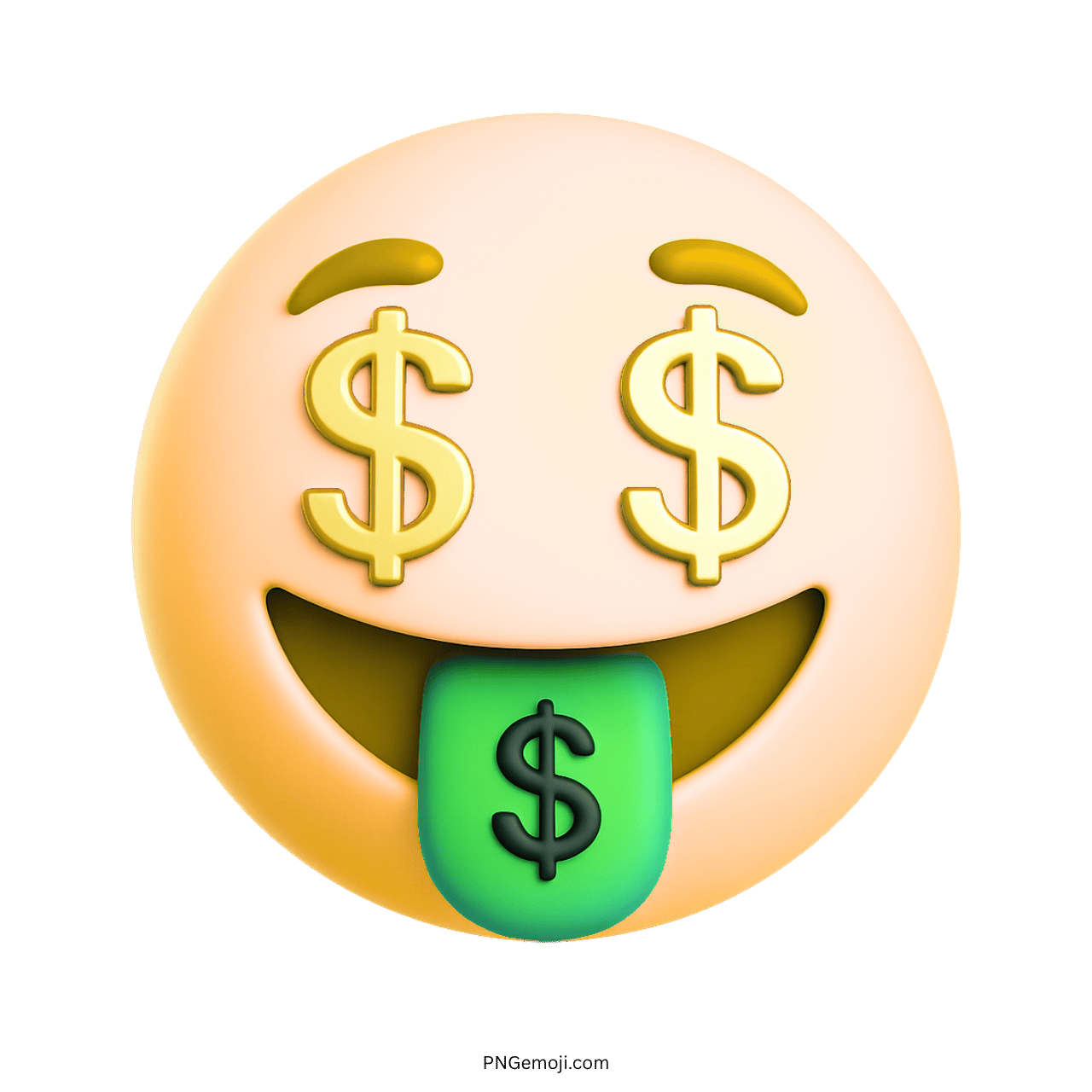 3D peach emoji with gold dollar eyes and green dollar sign tongue
