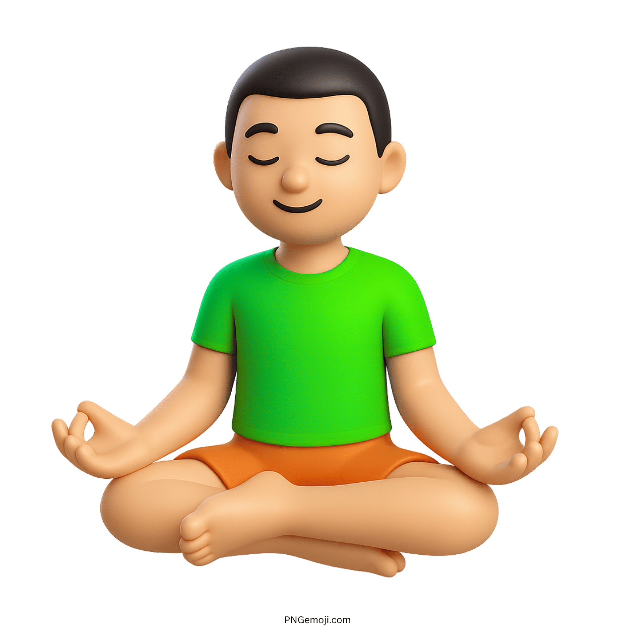 3D cartoon emoji of person meditating in lotus pose wearing green shirt