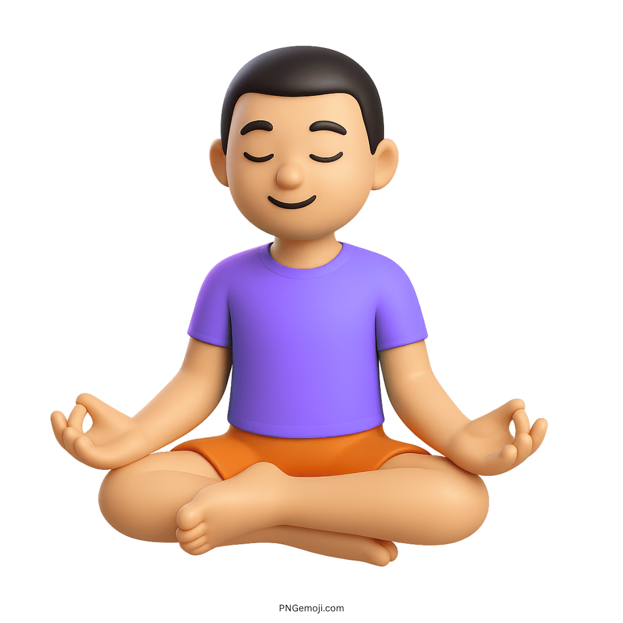 3D meditating emoji of person in lotus pose wearing purple t-shirt and orange shorts