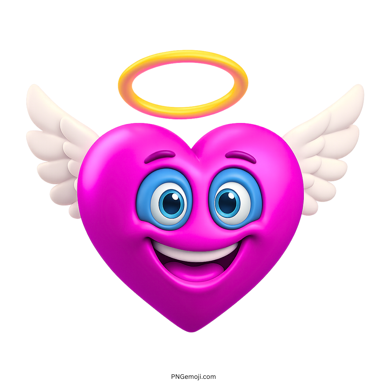 3D pink angel heart emoji with white wings, smiling face, and golden halo