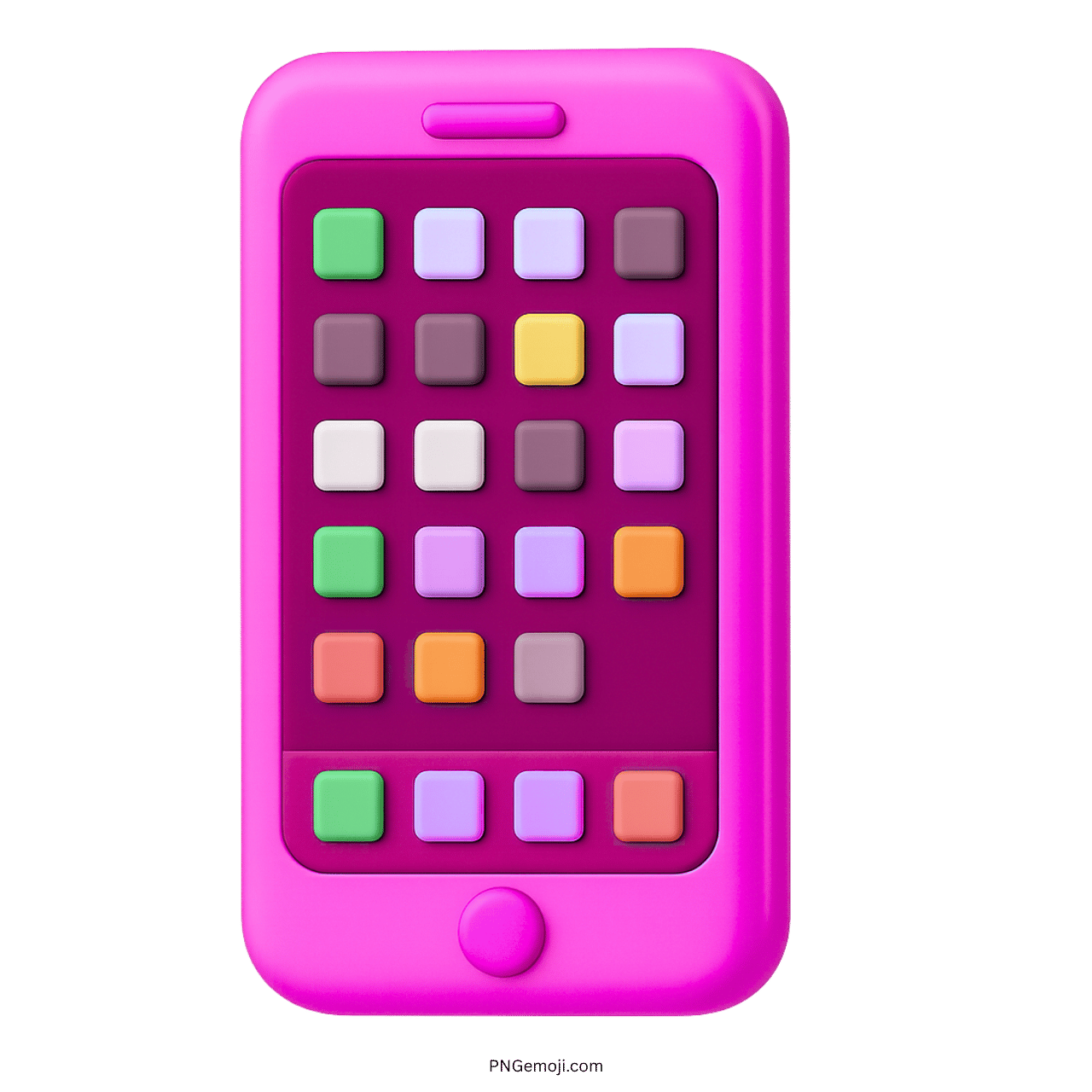 3D pink smartphone emoji with purple screen and multicolored square app icons
