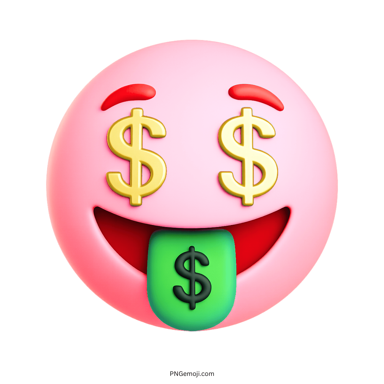 3D pink emoji with dollar eyes and green tongue showing dollar sign