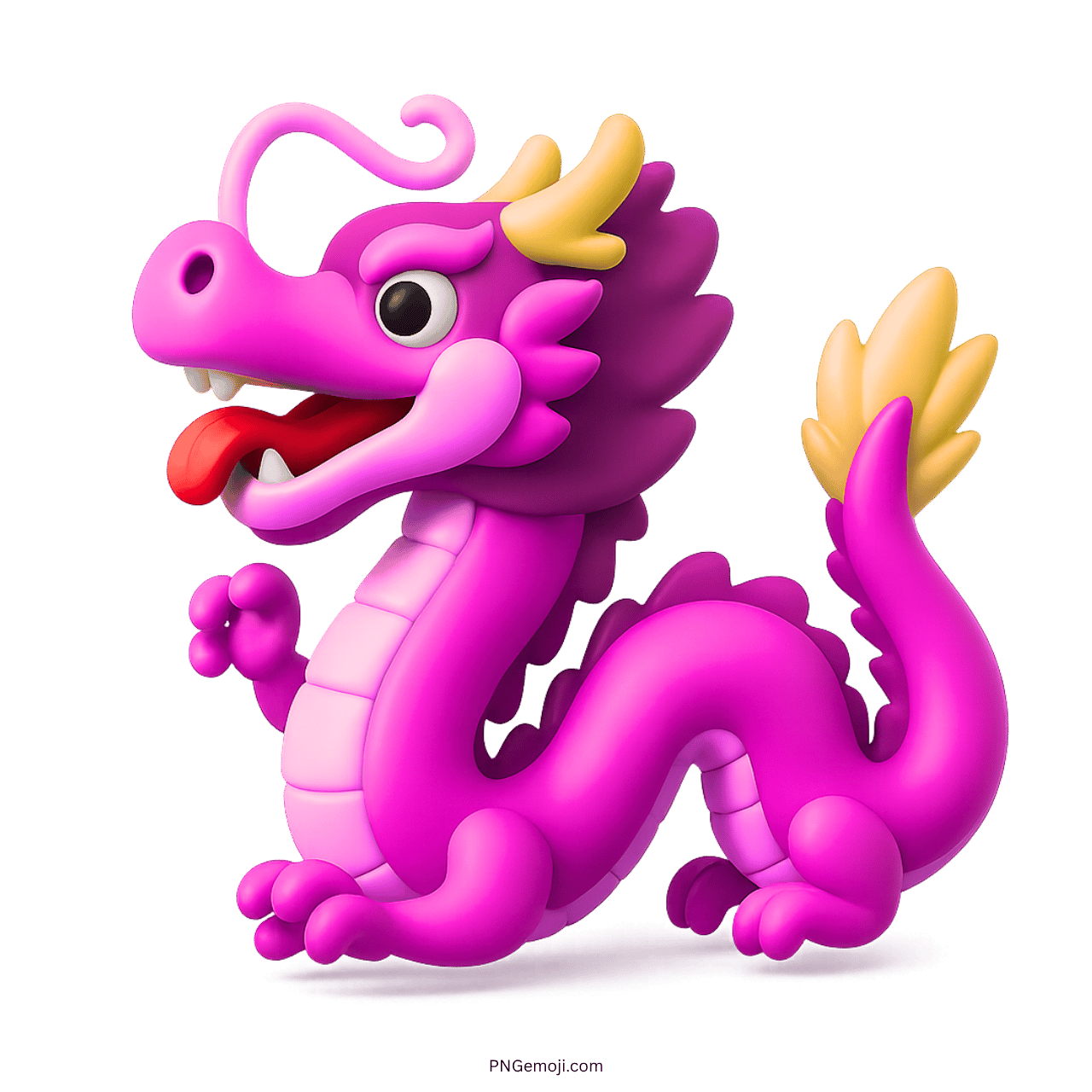 3D pink purple cartoon dragon emoji with yellow horns and red tongue