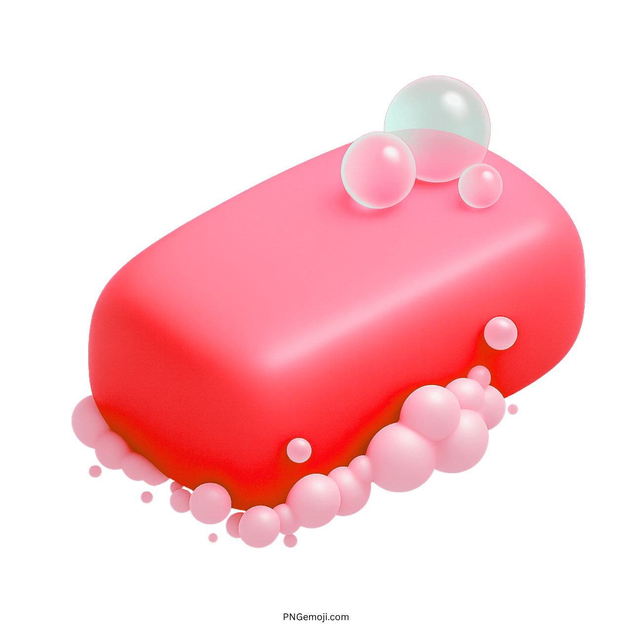 3D pink soap bar emoji with foam and glossy bubbles on transparent background