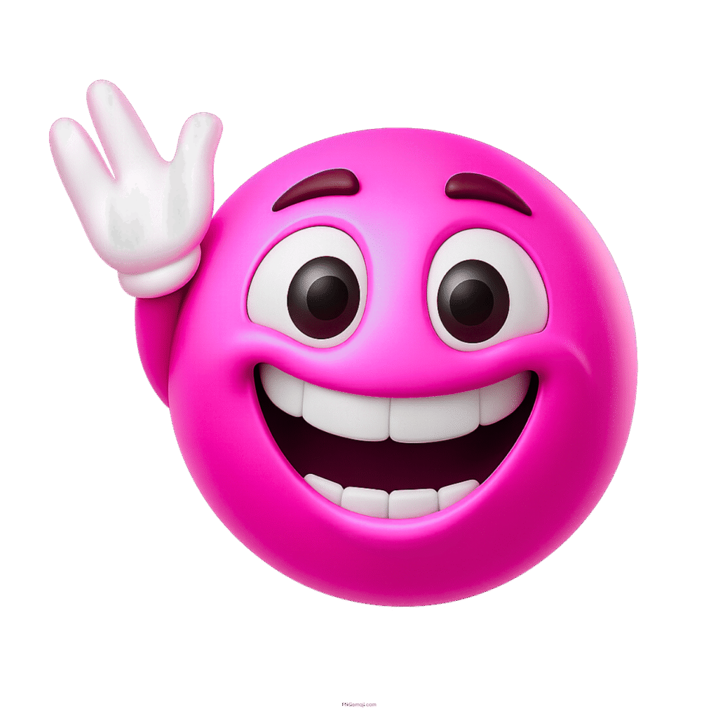 3D pink emoji waving hand with joyful face and excited wide smile