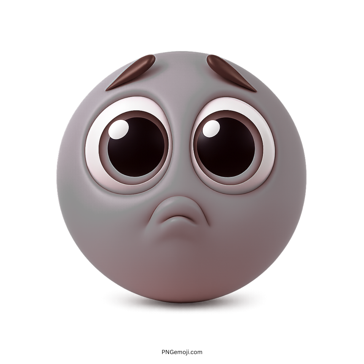 3D gray pleading face emoji with big sad eyes and curved eyebrows