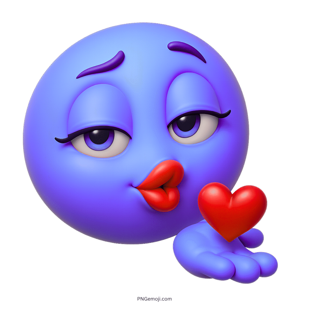 3D purple-blue emoji blowing kiss with red heart and flirty eyes transparent PNG