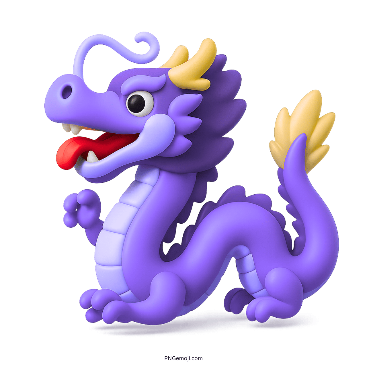 Purple 3D cartoon dragon emoji with golden horns, red tongue, and playful pose