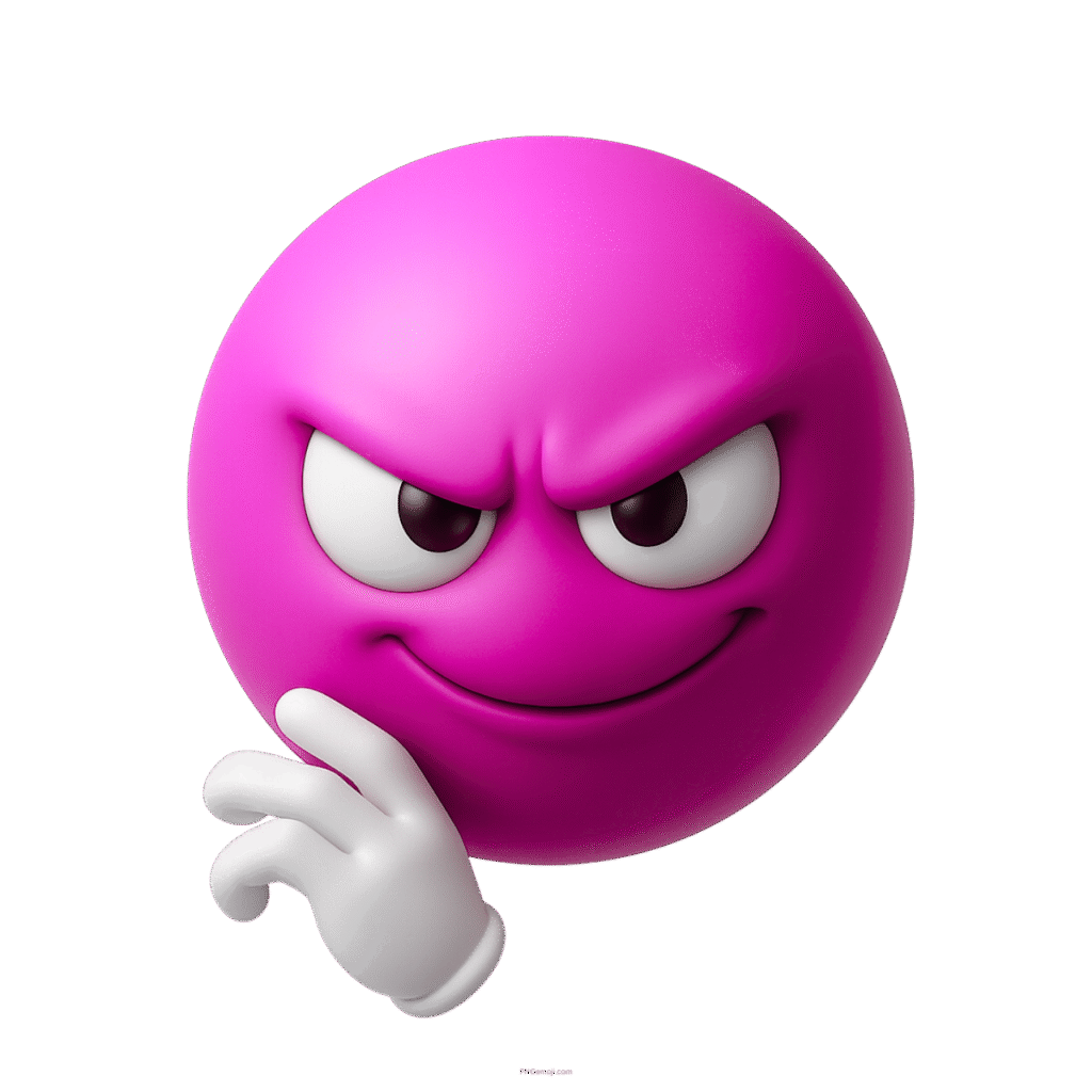 3D purple devious emoji with sly smirk and mischievous plotting face on transparent background