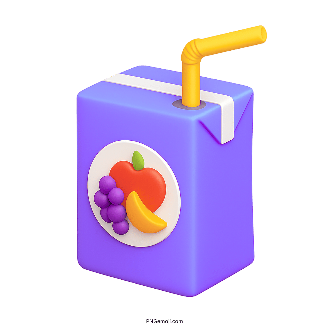 Purple 3D juice box emoji with fruit logo and yellow flexible straw