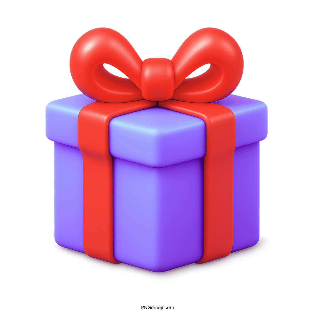 3D purple gift emoji box with red ribbon bow on transparent background