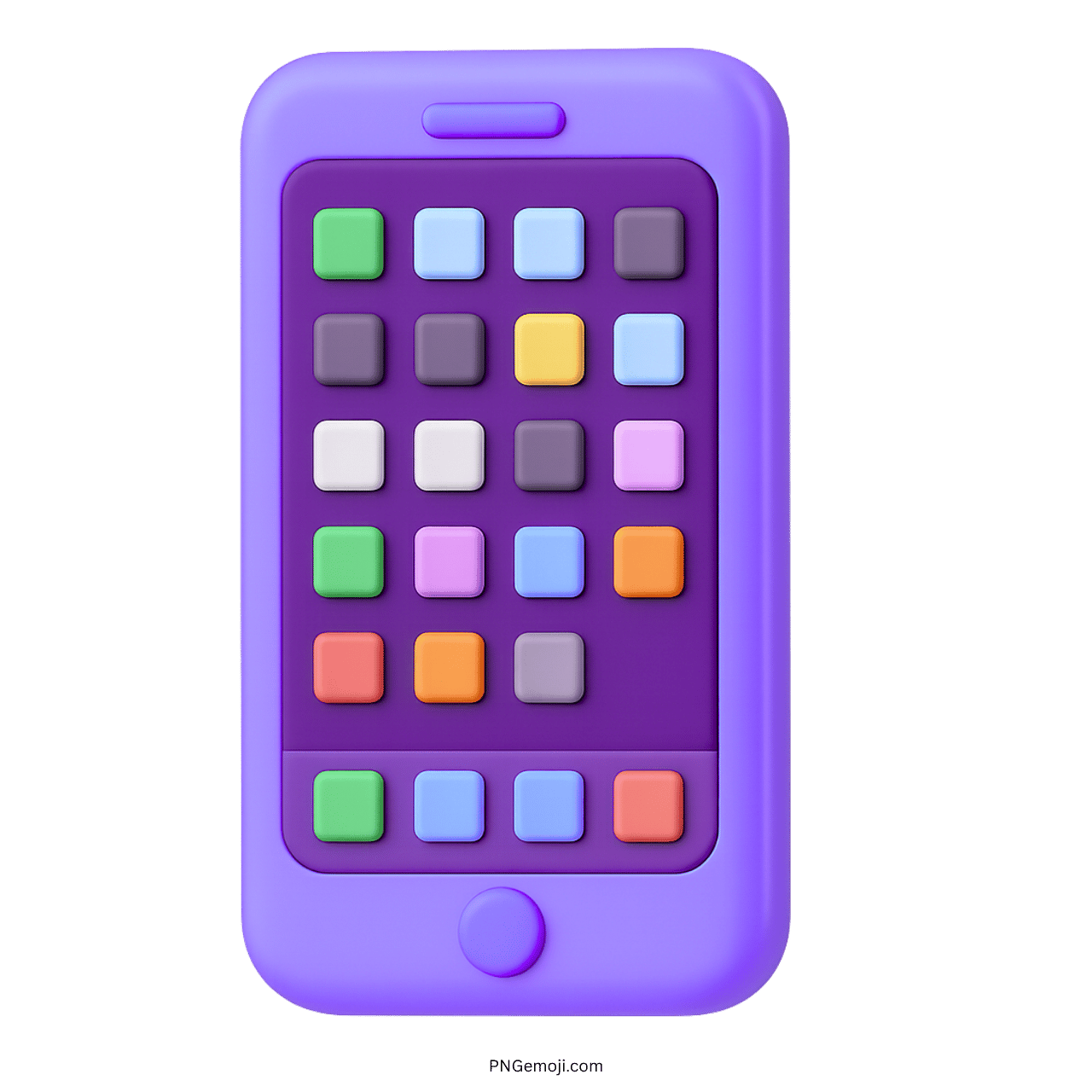 3D purple mobile phone emoji with colorful square app icons on dark violet screen