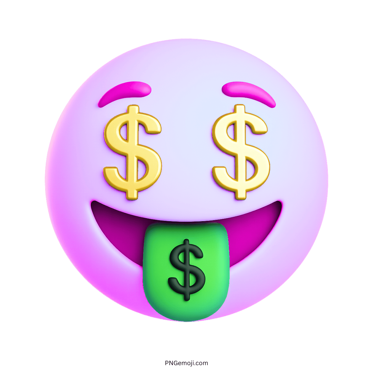 3D purple emoji with gold dollar eyes and green dollar tongue PNG icon