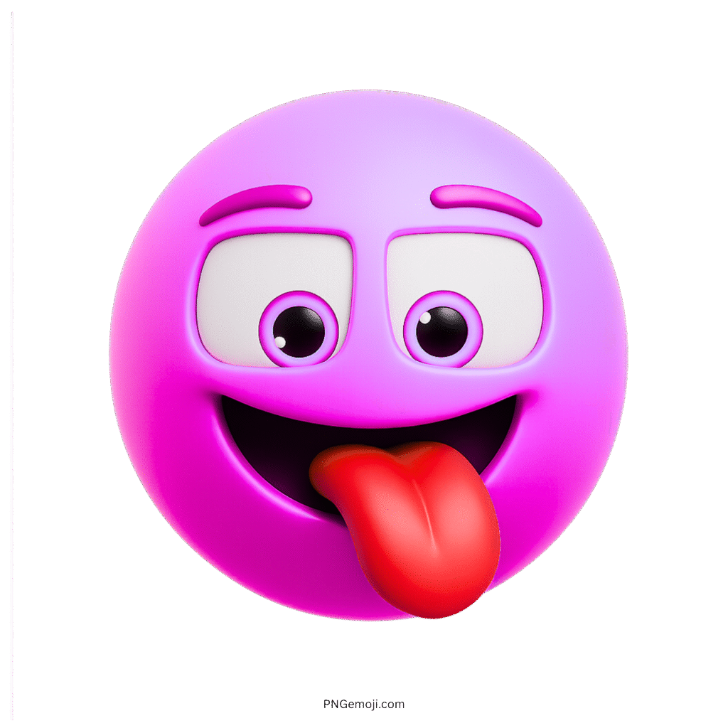 3D purple-pink emoji with tongue out and cheerful wide-eyed cartoon expression