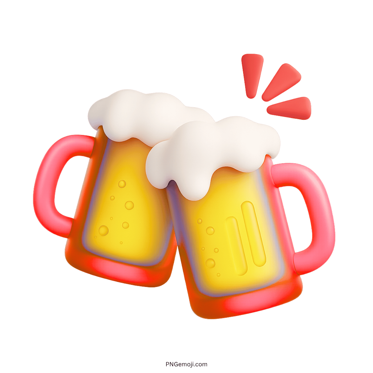 3D red beer mugs emoji clinking with frothy tops and celebration spark marks