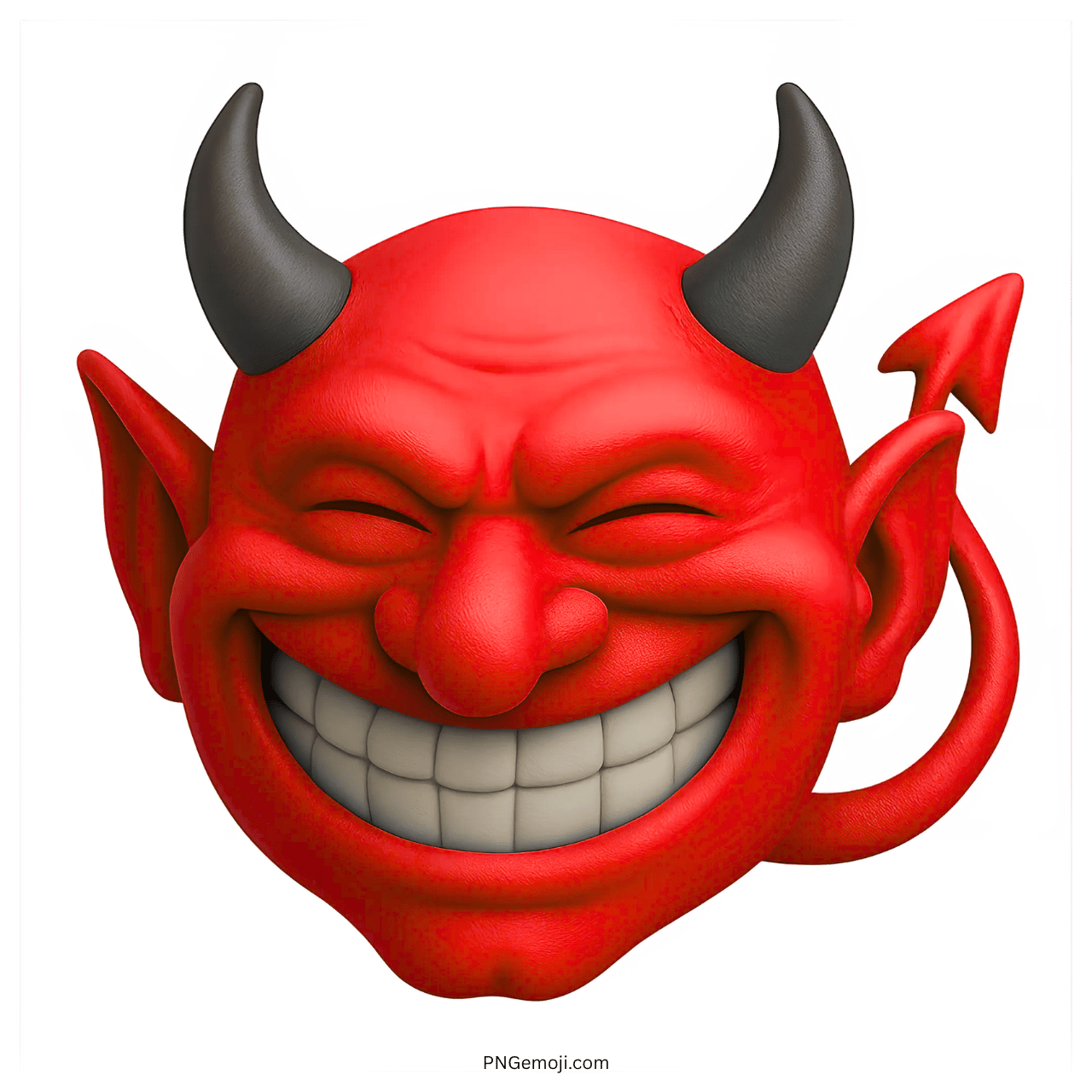 3D red devil troll emoji with huge grin, black horns, and sharp curved tail