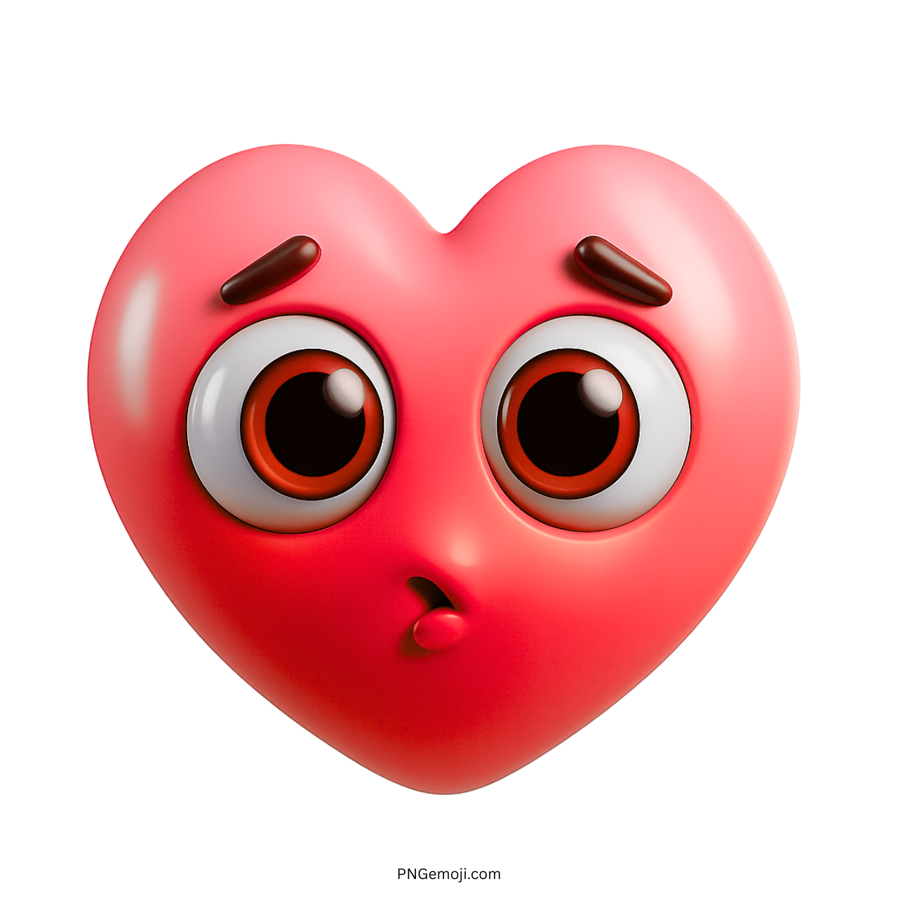 3D red surprised heart emoji with big eyes and emotional shocked face in PNG