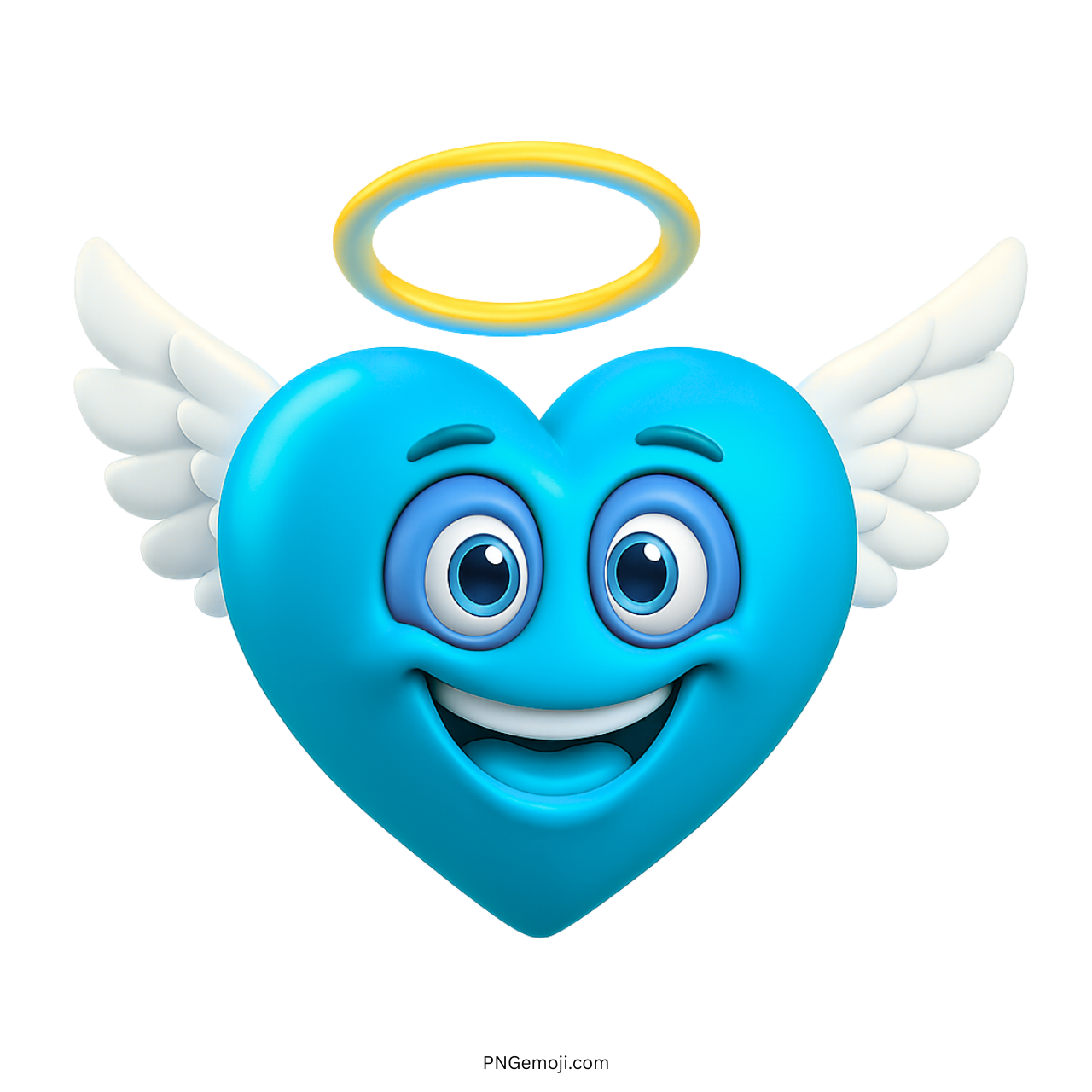 3D sky blue angel heart emoji with white wings, glowing halo, and cheerful face
