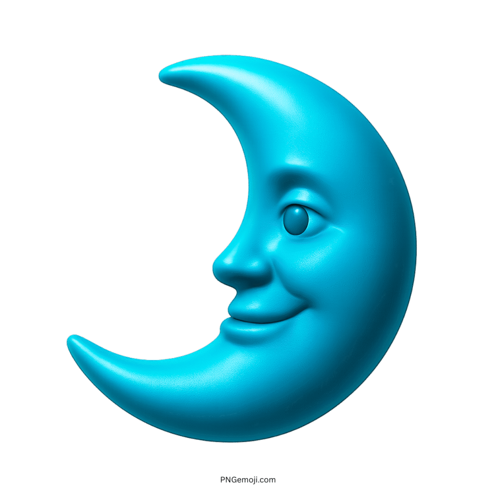 Sky blue 3D crescent moon emoji with happy facial expression and smooth texture