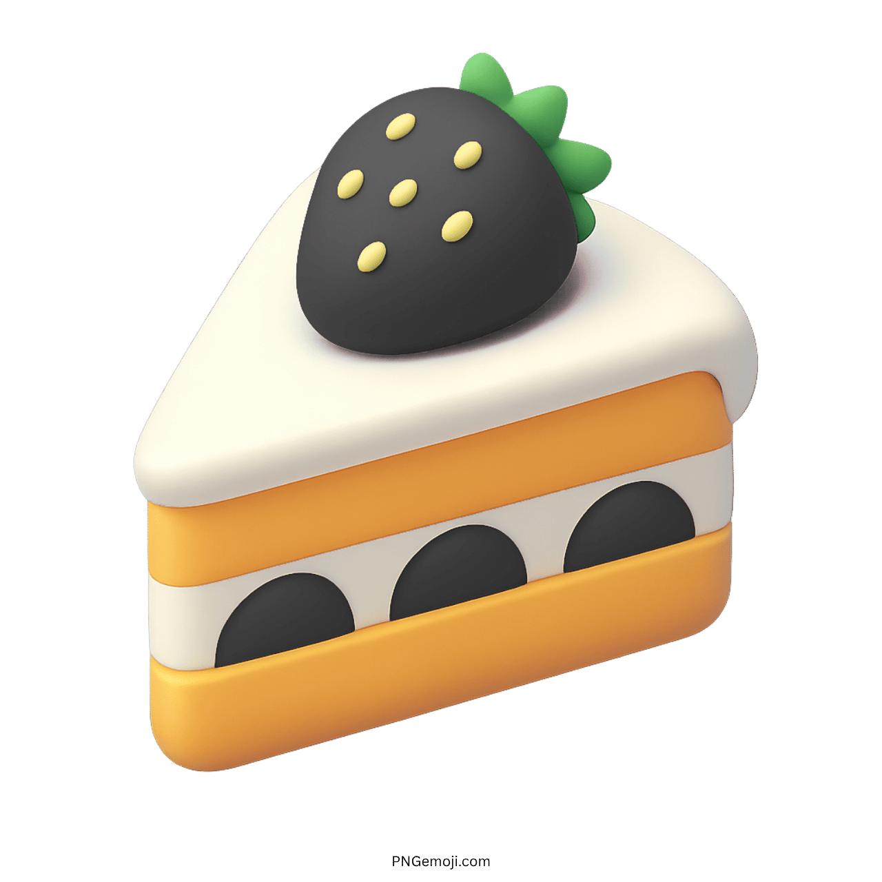 3D cake slice emoji with black strawberry and layered creamy texture design