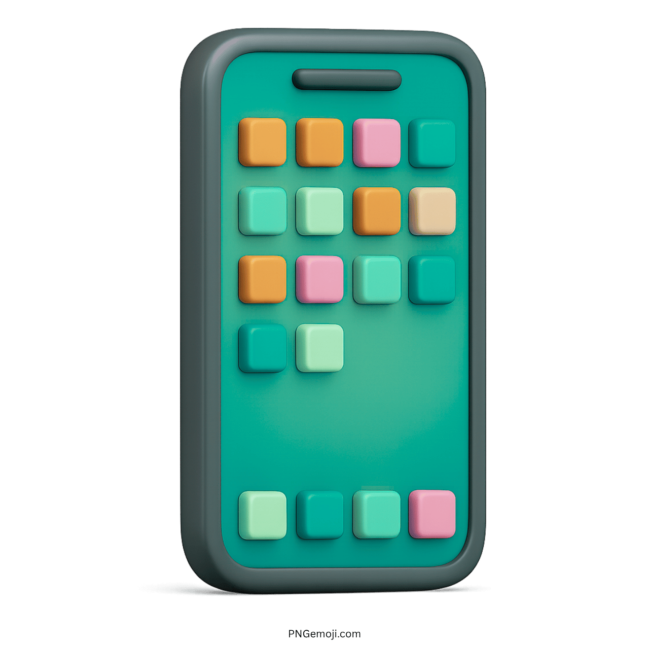 3D smartphone emoji with green-blue screen and multicolor square app buttons