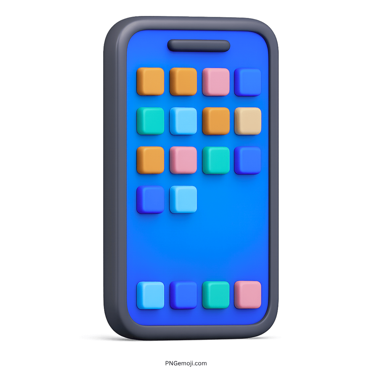 3D smartphone emoji with colorful square app icons on a blue screen