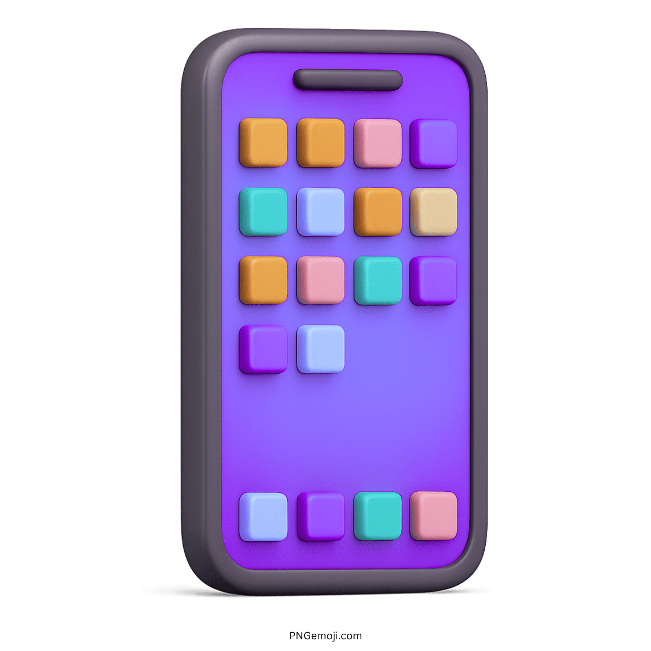 3D smartphone emoji with colorful apps on a bright purple mobile screen