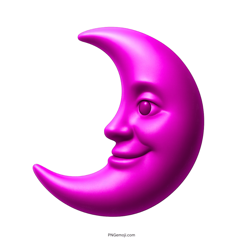 3D purple crescent moon emoji with smiling face on transparent