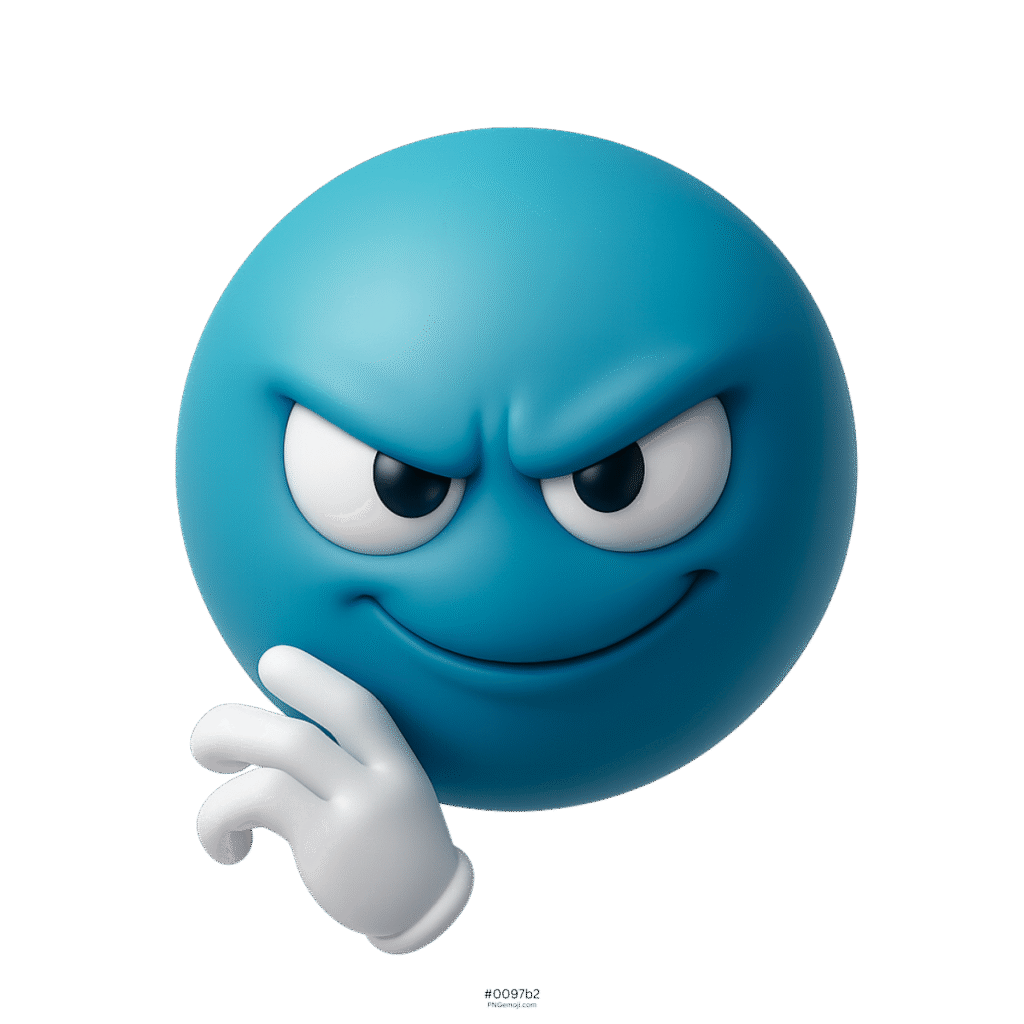 3D teal blue devious emoji with sly smirk and plotting face on transparent background
