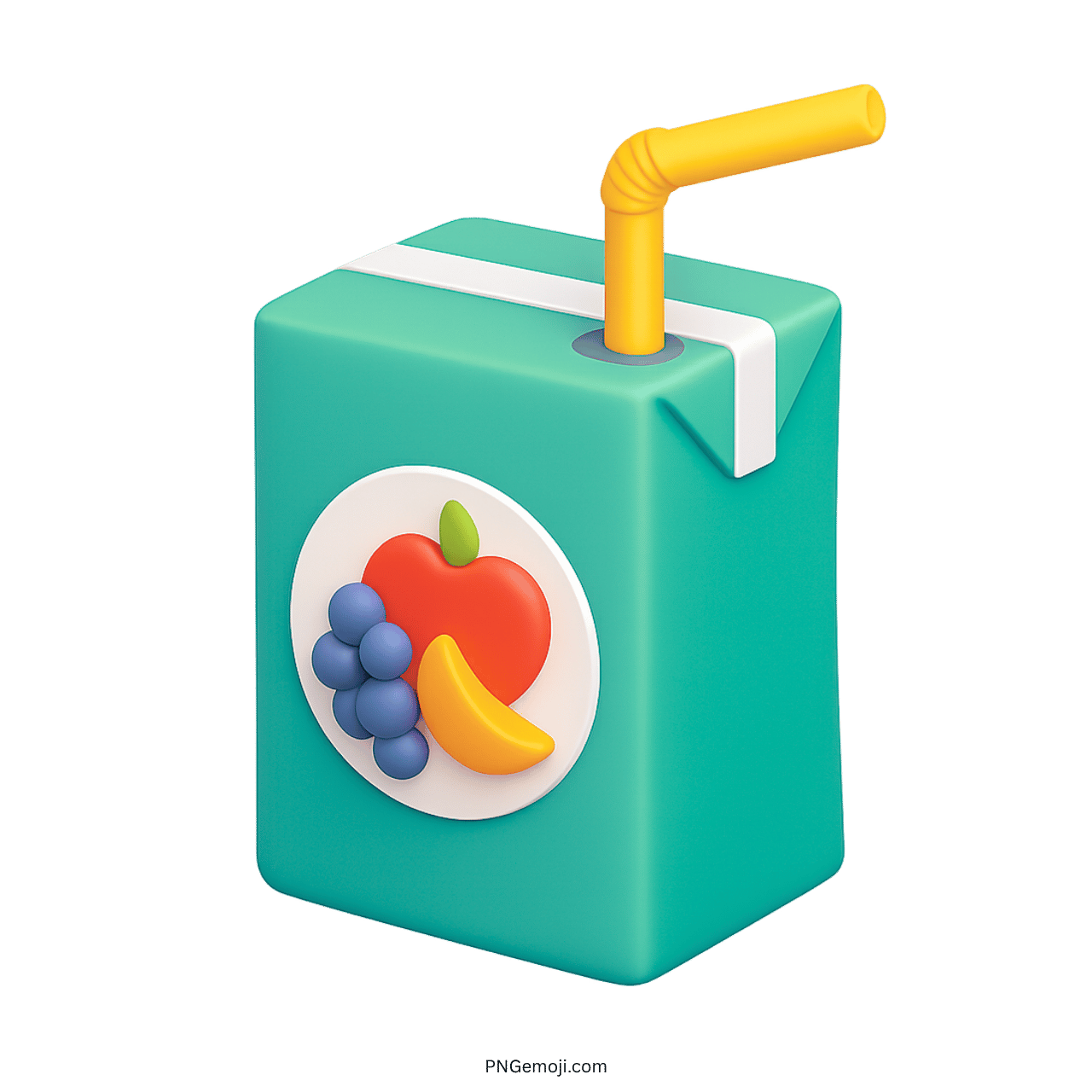 Teal 3D juice box emoji with fruit label and yellow bendable straw
