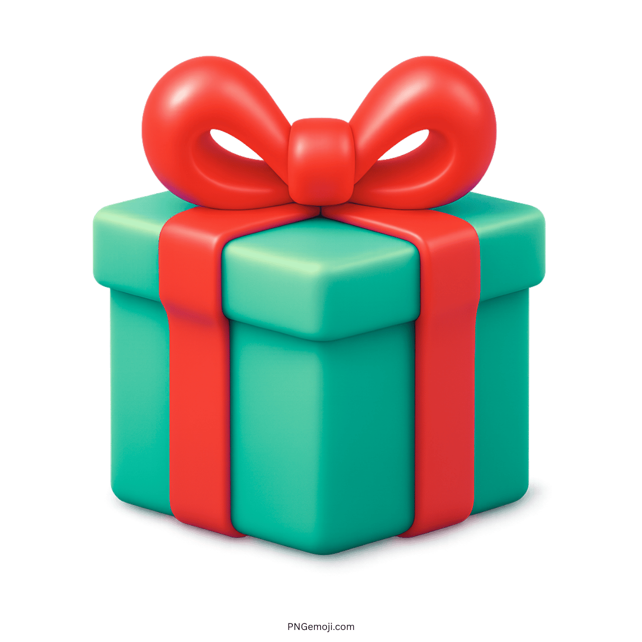 3D teal gift emoji box with red ribbon bow on transparent background