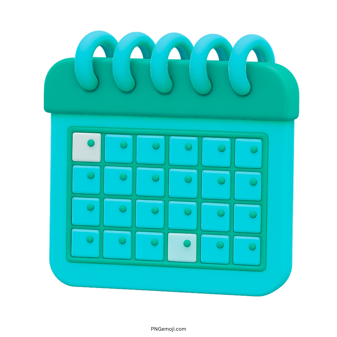 3D teal green calendar emoji with spiral rings and highlighted date squares