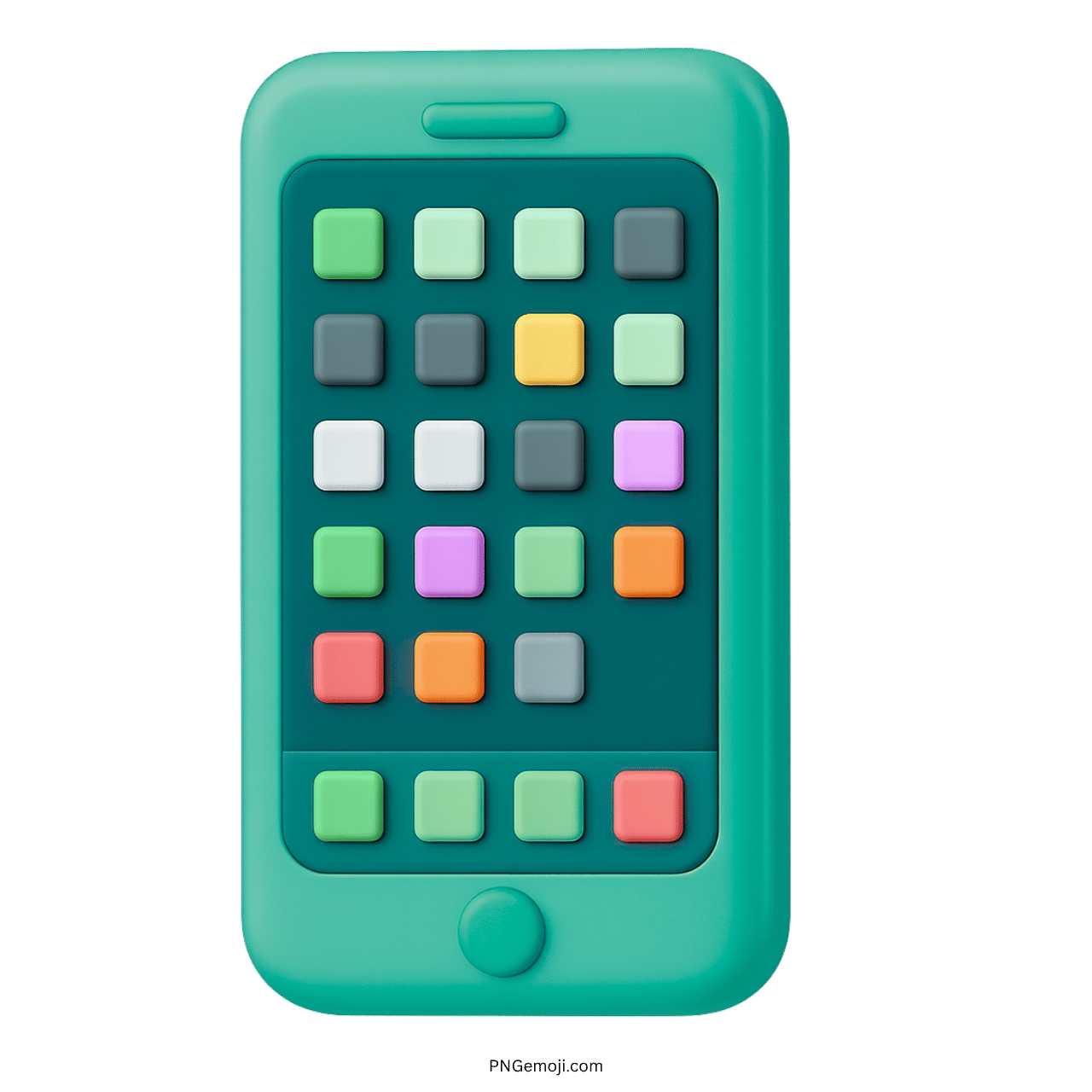 3D teal smartphone emoji with dark screen and colorful app icons in grid layout