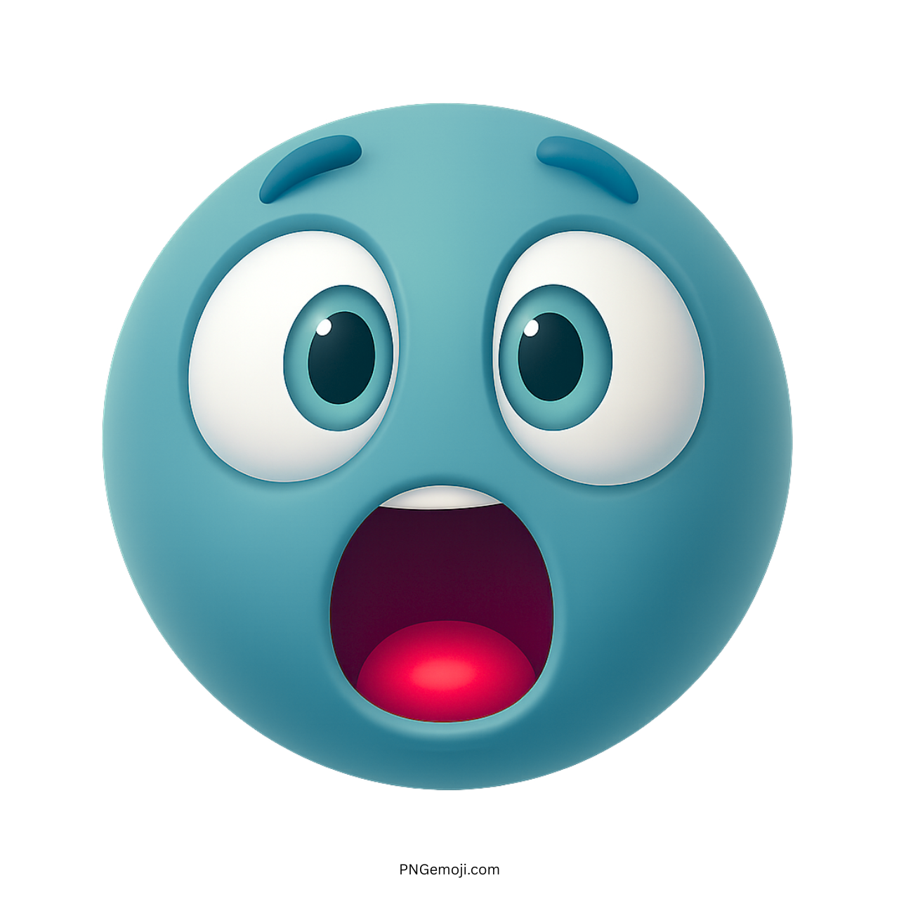 3D teal emoji with wide eyes and glowing red mouth expressing shock or surprise