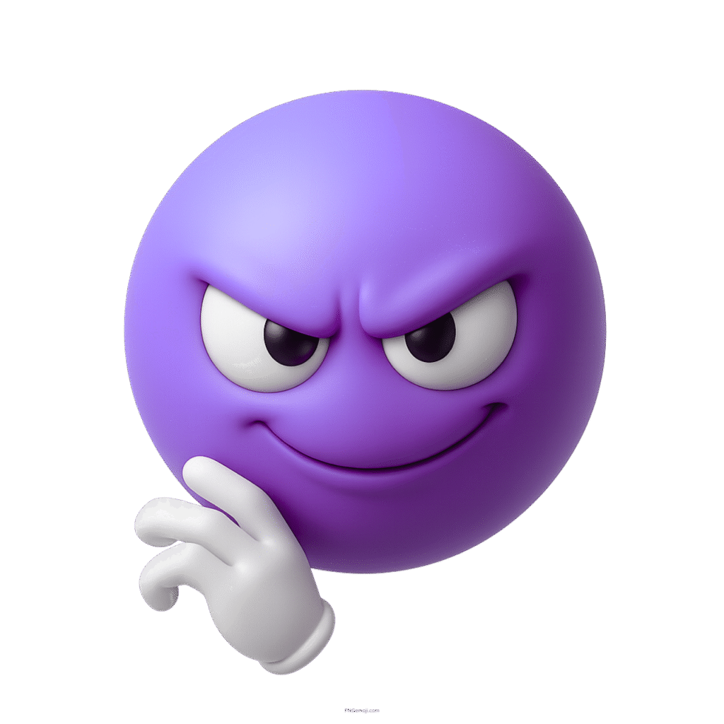 3D violet devious emoji with scheming smirk and plotting expression on transparent background