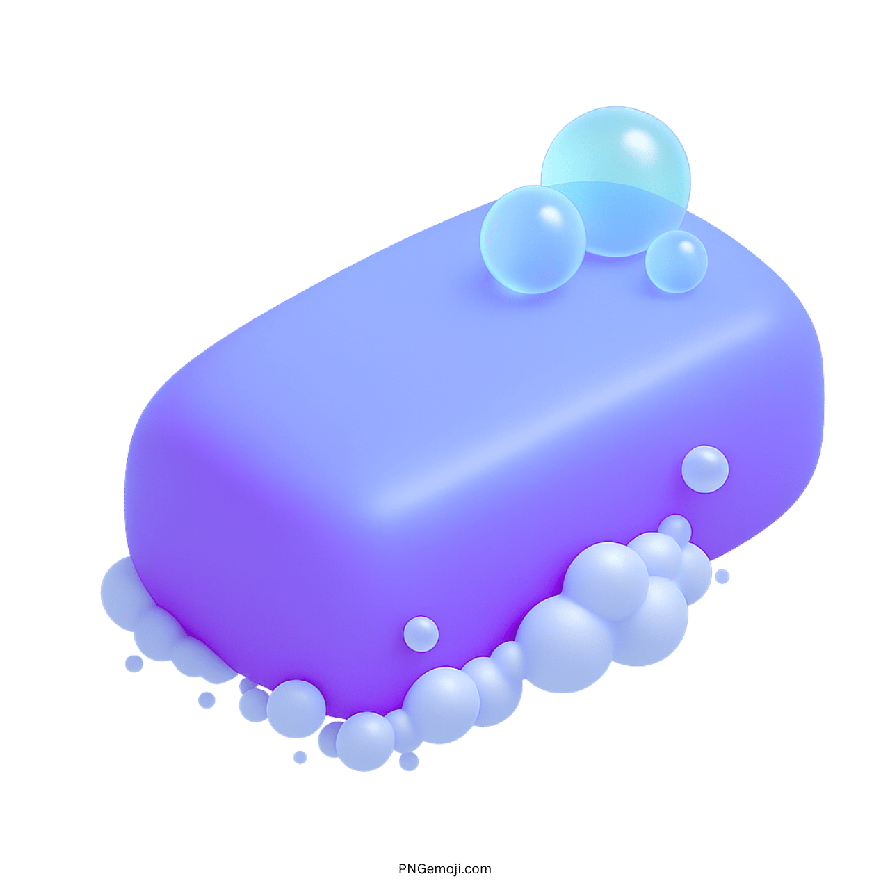 3D violet soap bar emoji with bubbles and foam on transparent background