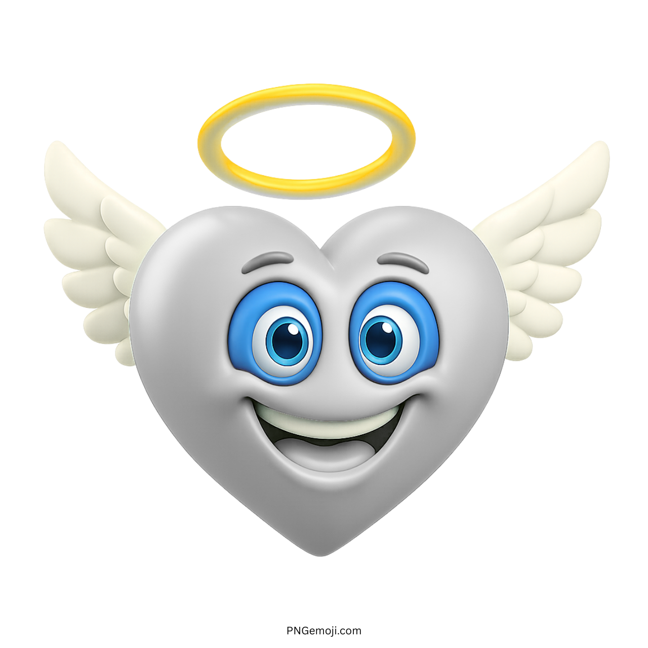 3D white angel heart emoji with wings, happy face, and golden glowing halo