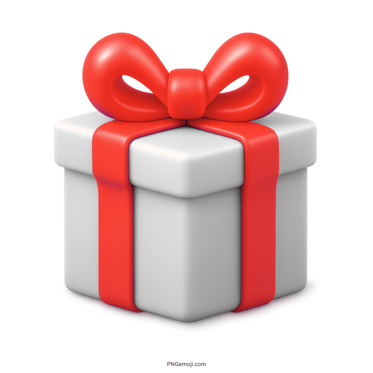 3D white gift emoji box with red ribbon bow on transparent background