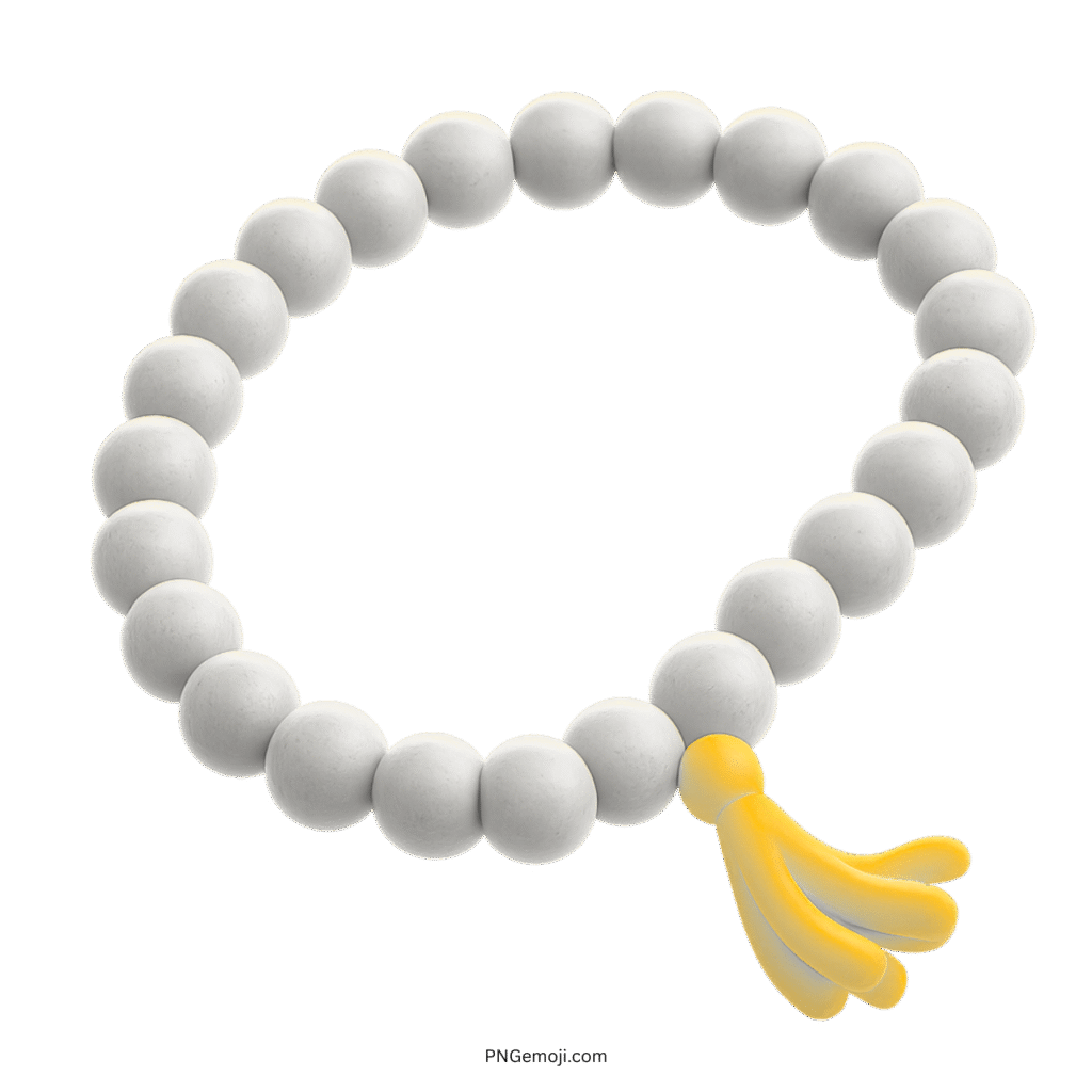 3D white prayer beads emoji with yellow tassel on transparent