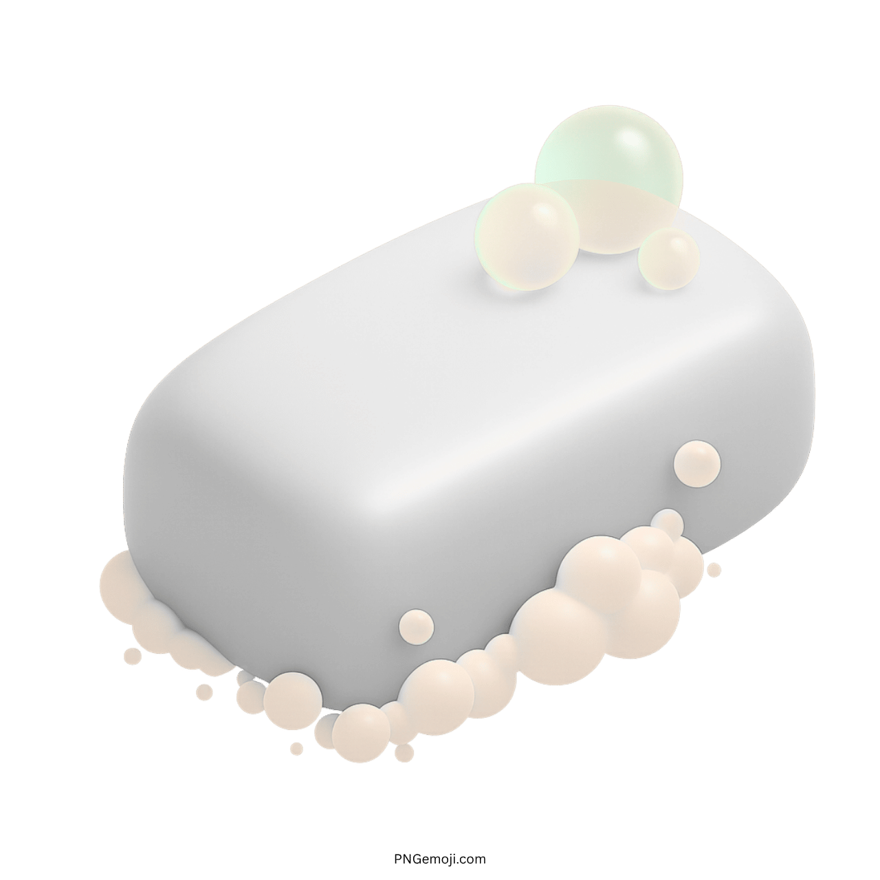 3D white soap bar emoji with bubbles and foam on transparent background