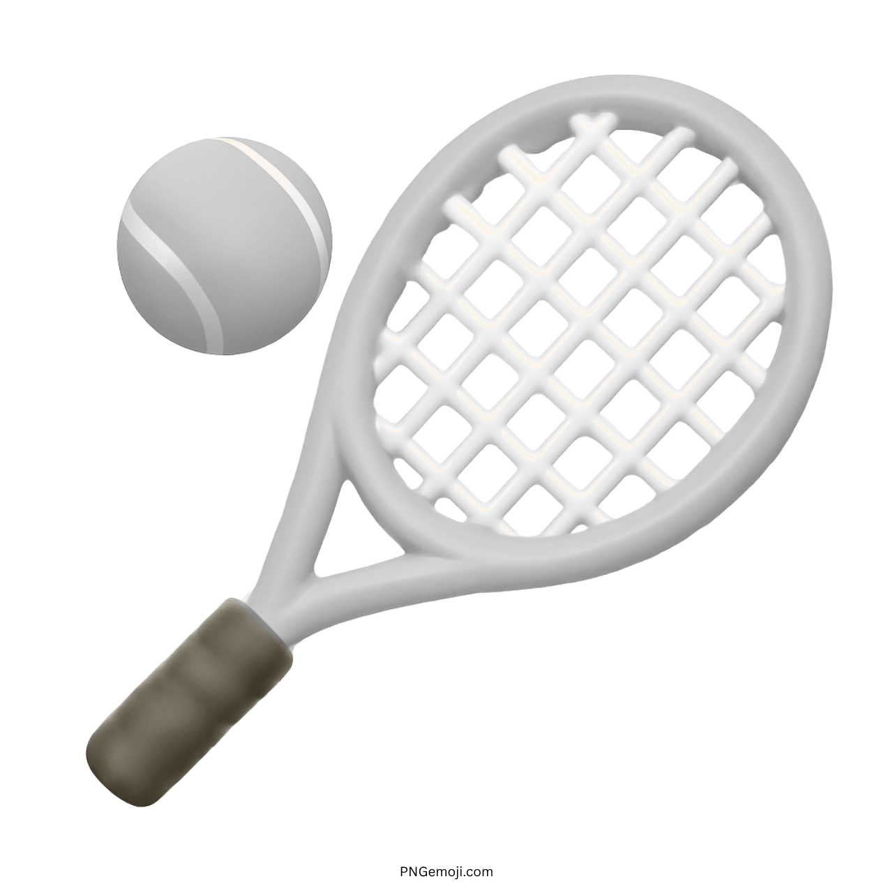 3D white tennis racket with matching ball emoji on transparent background PNG file
