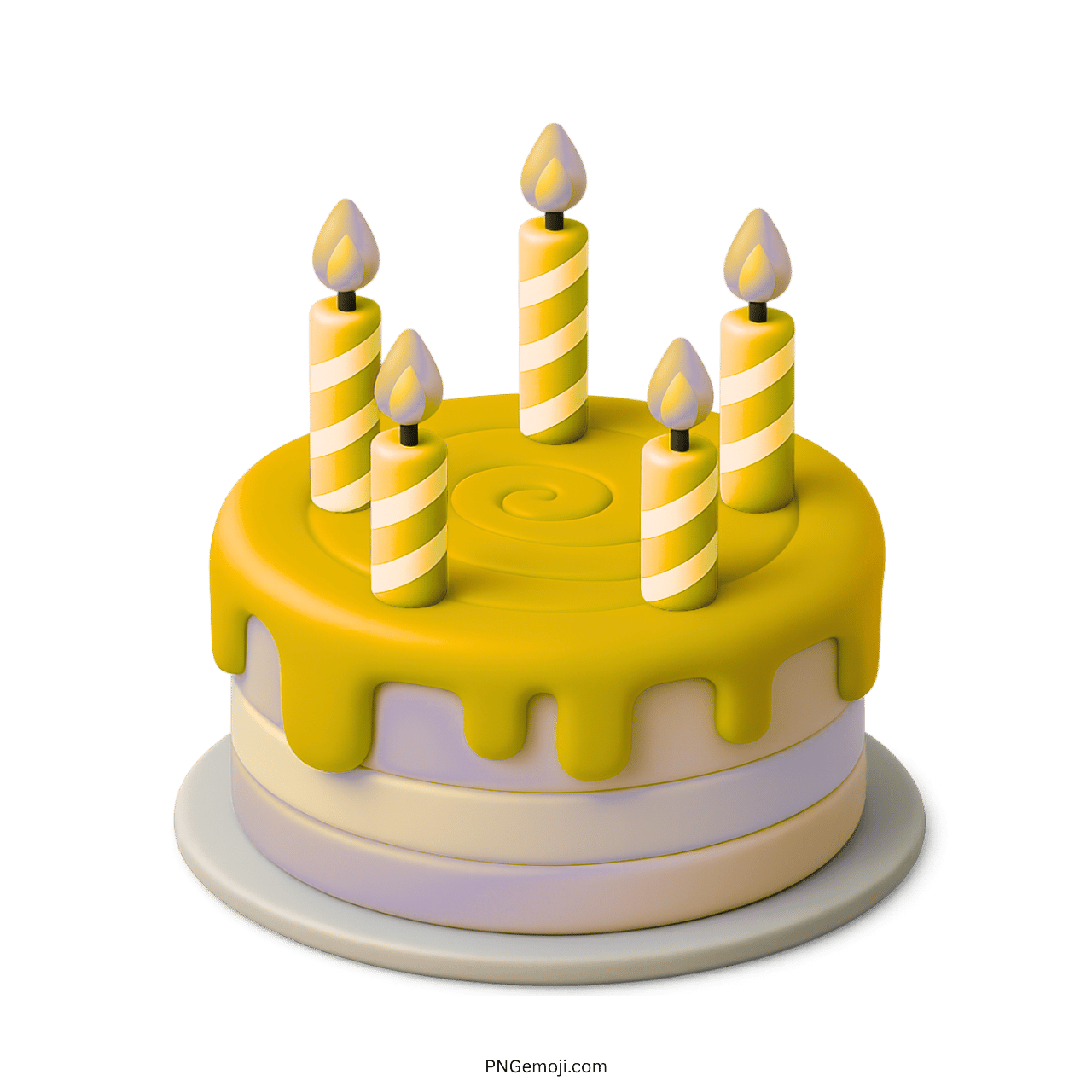3D yellow birthday cake emoji with swirl top and striped candles PNG