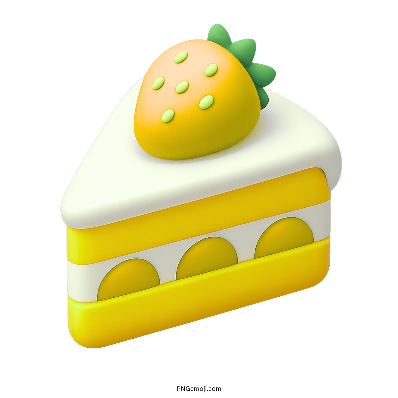 3D yellow cake slice emoji with golden strawberry and cream layers