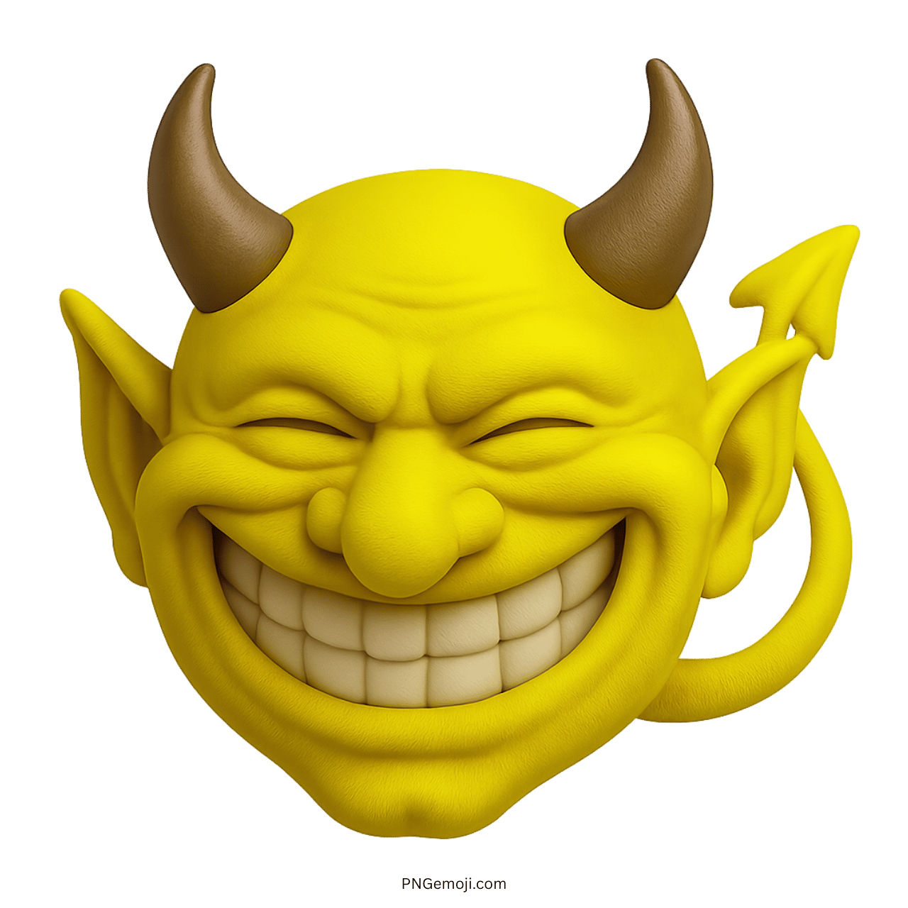 3D yellow devil troll emoji with big grin, brown horns, and curled tail