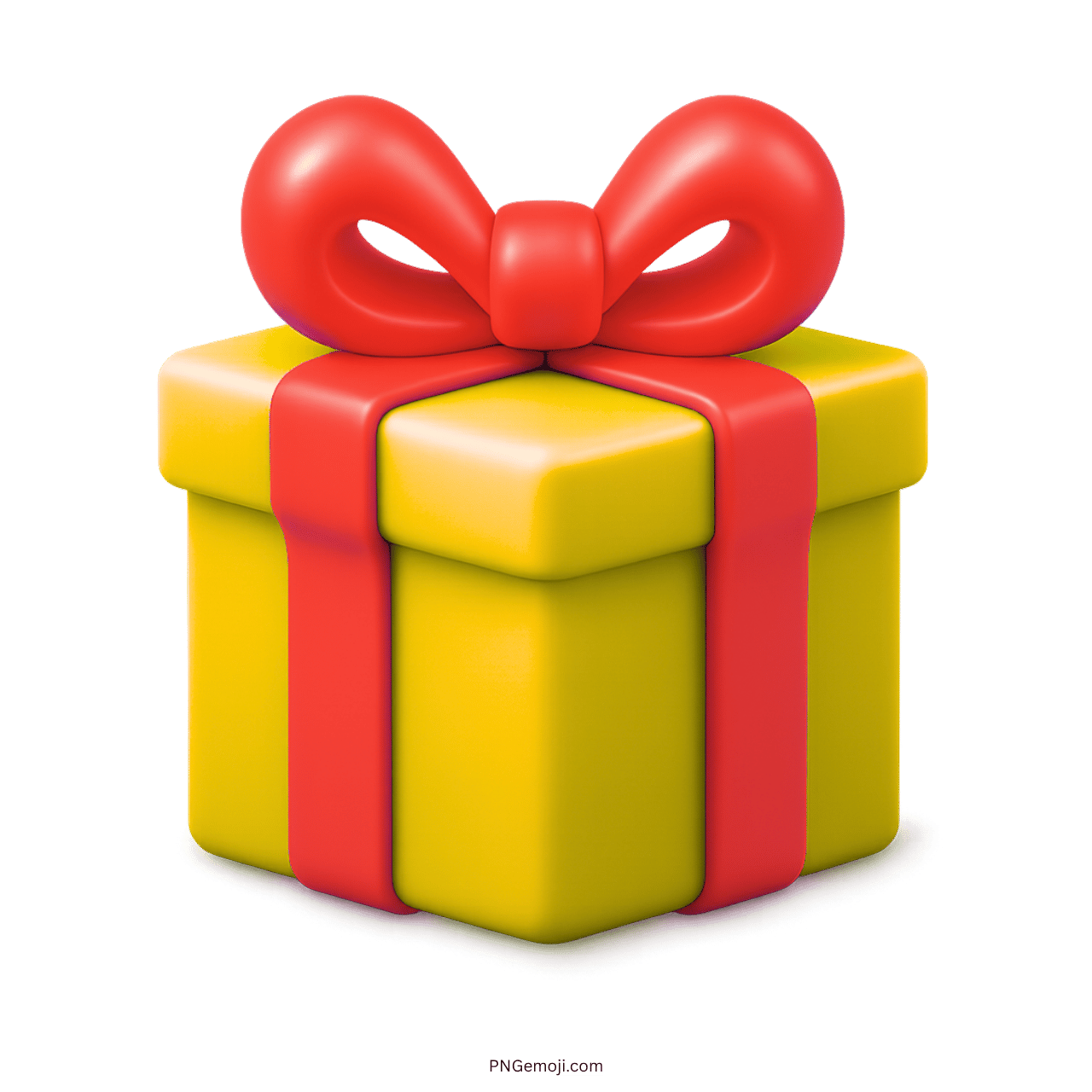 3D yellow gift emoji box with red ribbon bow on transparent background