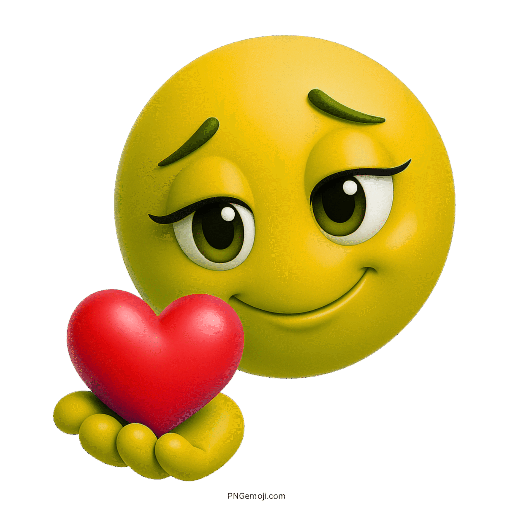 3D yellow emoji smiling kindly while offering a red heart with love